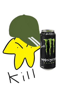 a drawing of a monster energy drink next to a yellow star wearing a green hat