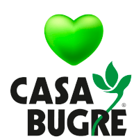 the logo for casa bugre has a green heart and leaves