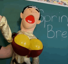 a puppet is standing in front of a chalkboard that says ' spring bre '