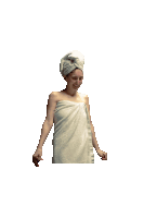 a woman is wrapped in a white towel and has a towel wrapped around her head