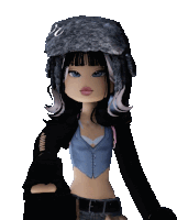 a doll is wearing a fur hat and a crop top