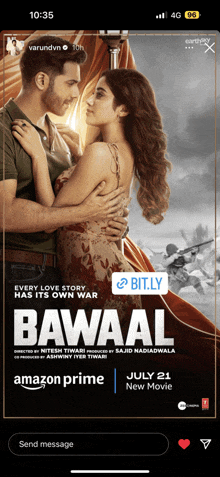 a poster for the movie bawaal shows a man and a woman hugging