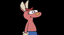 a pink cartoon rabbit with big eyes and a bow on her head .