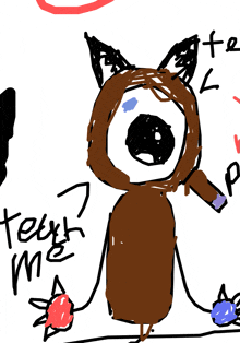 a child 's drawing of a fox with one eye and the words teep me written below it