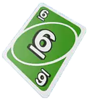 a green uno card with a white circle and the number 16 on it .