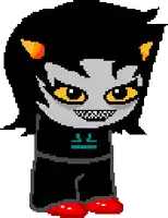 a pixel art drawing of a cartoon character with a black shirt that says tf