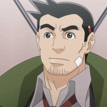 a man with a bandage on his face looks to the side