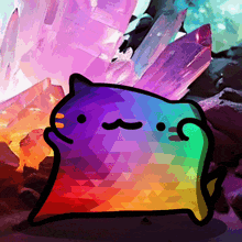 a rainbow colored cat is standing in front of a cluster of crystals