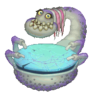 a cartoon drawing of a purple and white monster holding a broken piece of glass