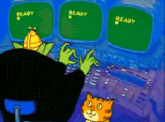 a cartoon cat is standing in front of a computer screen that says " ready "