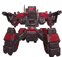 a red and black robot with a triangle on the back