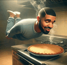 a man is flying over a pie on the stove