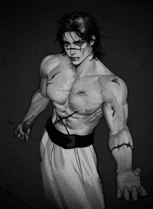 a black and white drawing of a muscular man with a bandage on his arm