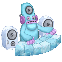 a blue monster with headphones and speakers is sitting on ice