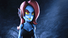 a cartoon character with blue skin and red hair is standing in the dark