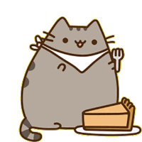 a cartoon cat is holding a fork and a piece of pie