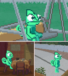 a pixel art of a chameleon sitting in a chair