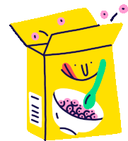 an illustration of a box of cereal with a face and a spoon