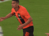 a soccer player wearing an orange shirt with a black stripe on the sleeves