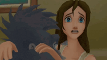 a cartoon girl is standing next to a man in a room and looking at him with a surprised look on her face .