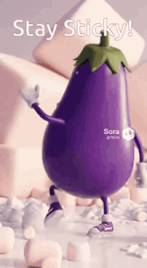 a purple eggplant with arms and legs is dancing in front of marshmallows and says stay sticky