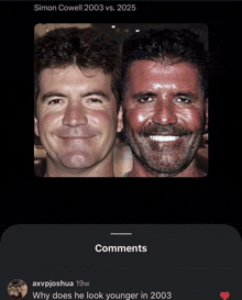a picture of simon cowell in 2003 and 2025 with comments
