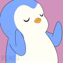 a penguin with its eyes closed and the word pengu on the bottom right