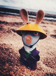 a statue of a rabbit wearing a yellow hat and a purple jacket