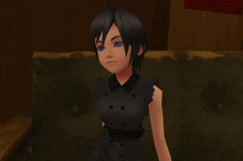 a cartoon character with black hair and a black dress smiles