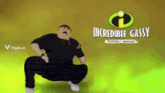 a cartoon character is squatting down in front of a sign that says incredible gassy