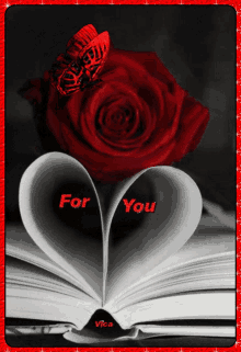 a red rose sits on top of a heart shaped book with the words " for you " below it