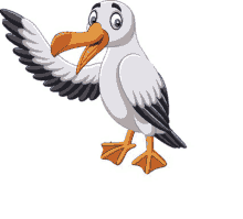 a cartoon seagull is standing with its wings outstretched and smiling .