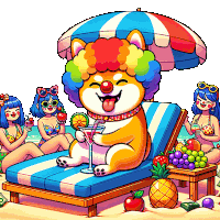 a cartoon of a dog with a clown wig sitting on a beach