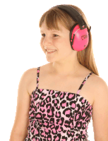 a young girl wearing pink ear protectors that say kids