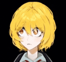 a cartoon girl with yellow hair and glasses is wearing a black jacket .