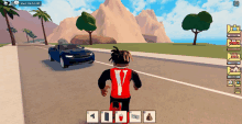 a screenshot of a video game shows a person wearing a v-neck and a car in the background