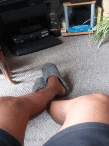 a person wearing a pair of slippers sitting on a carpeted floor