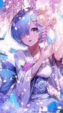 rem from re zero starting life in another world is wearing a kimono and holding flowers in her hair .