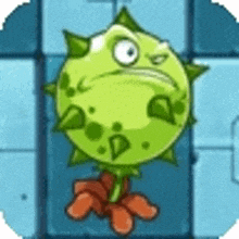 a green cartoon character with spikes on its feet is standing on a blue tile floor .