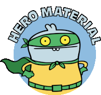 a cartoon character with a green cape and the words hero material surrounding him