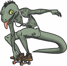 a drawing of a lizard with tattoos on its arms and legs riding a skateboard