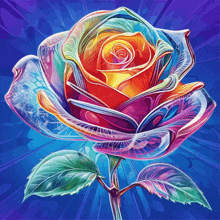 a painting of a colorful rose on a blue and purple background