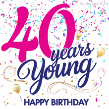 40 years young happy birthday greeting card with confetti and gold balloons