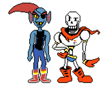 a pixel art drawing of a skeleton and a troll standing next to each other