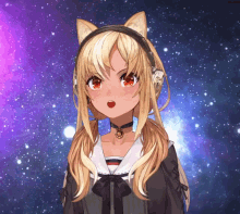 a girl with a cat ear headband has a surprised expression on her face