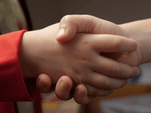 a person in a red shirt is shaking hands with another person