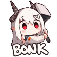 a cartoon of a girl with horns holding a hammer and the word bonk below her