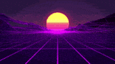 a computer generated image of a sunset over a purple and blue grid .