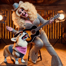 a woman in a cowboy hat is holding a guitar next to a corgi