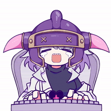 a cartoon drawing of a girl wearing a purple helmet with the letters x on it